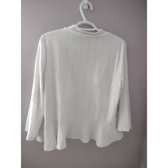 Nina Leonard Open Front Cardigan Sweater Women Large White Ruffle Hem Eyelets - Picture 5 of 7